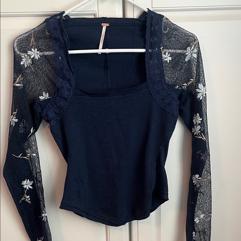 Free People Navy Blue Lace Floral Blouse
